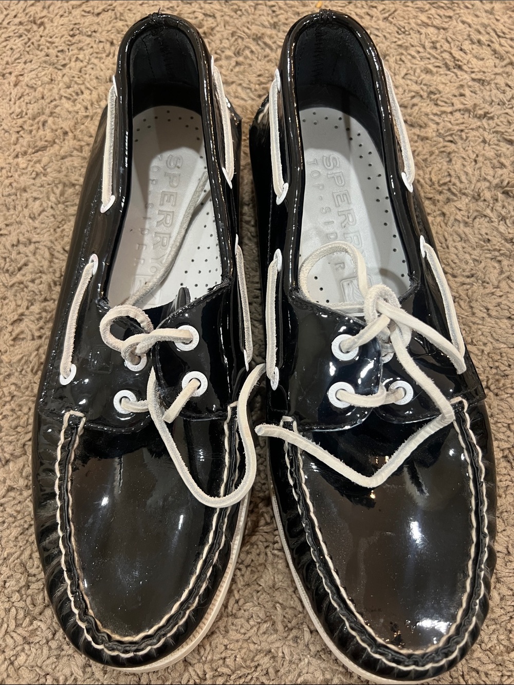 Sperry Women's Black Patent Boat Shoes with White Laces